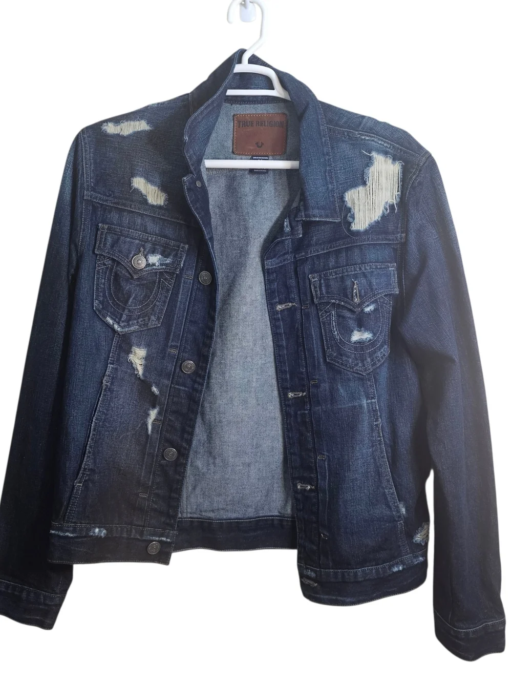 True Religion Mens Dylan Jacket SE Denim Trucker Distressed Dark Wash Blue Sz XL